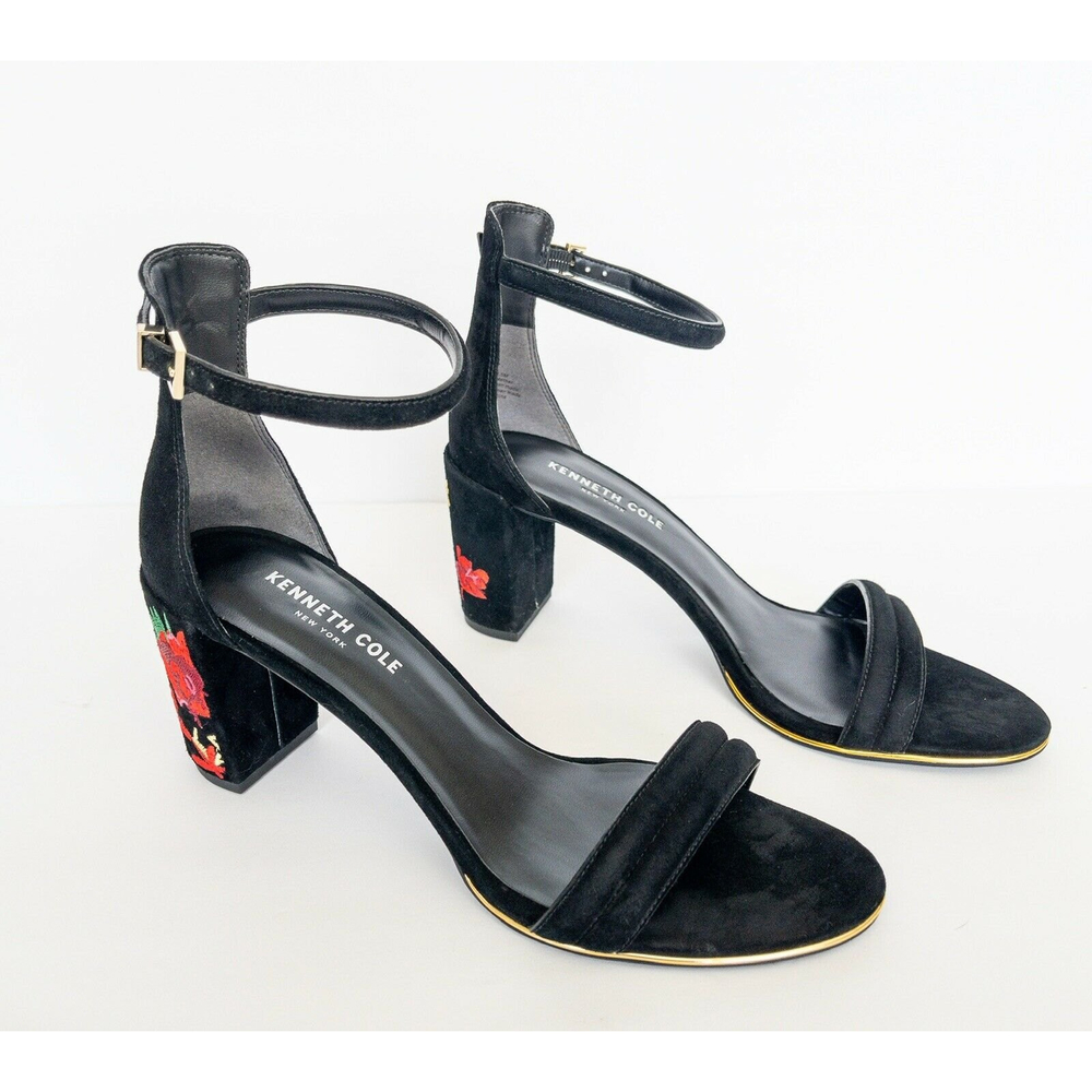 KENNETH COLE NY Lisa Suede Black Embroidered Floral Heels Size 9.5